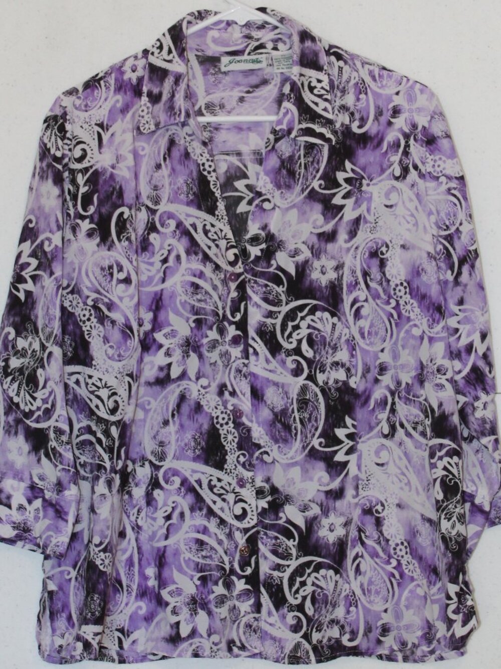 Joanna Womens Size XL Purple Paisley 3/4 Sleeve Button Front Blouse